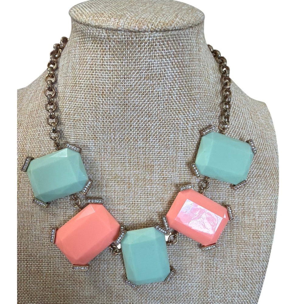 Mint Green Coral Pink Statement Necklace Gold Tone‎ Rhinestone Chunky Bib 945